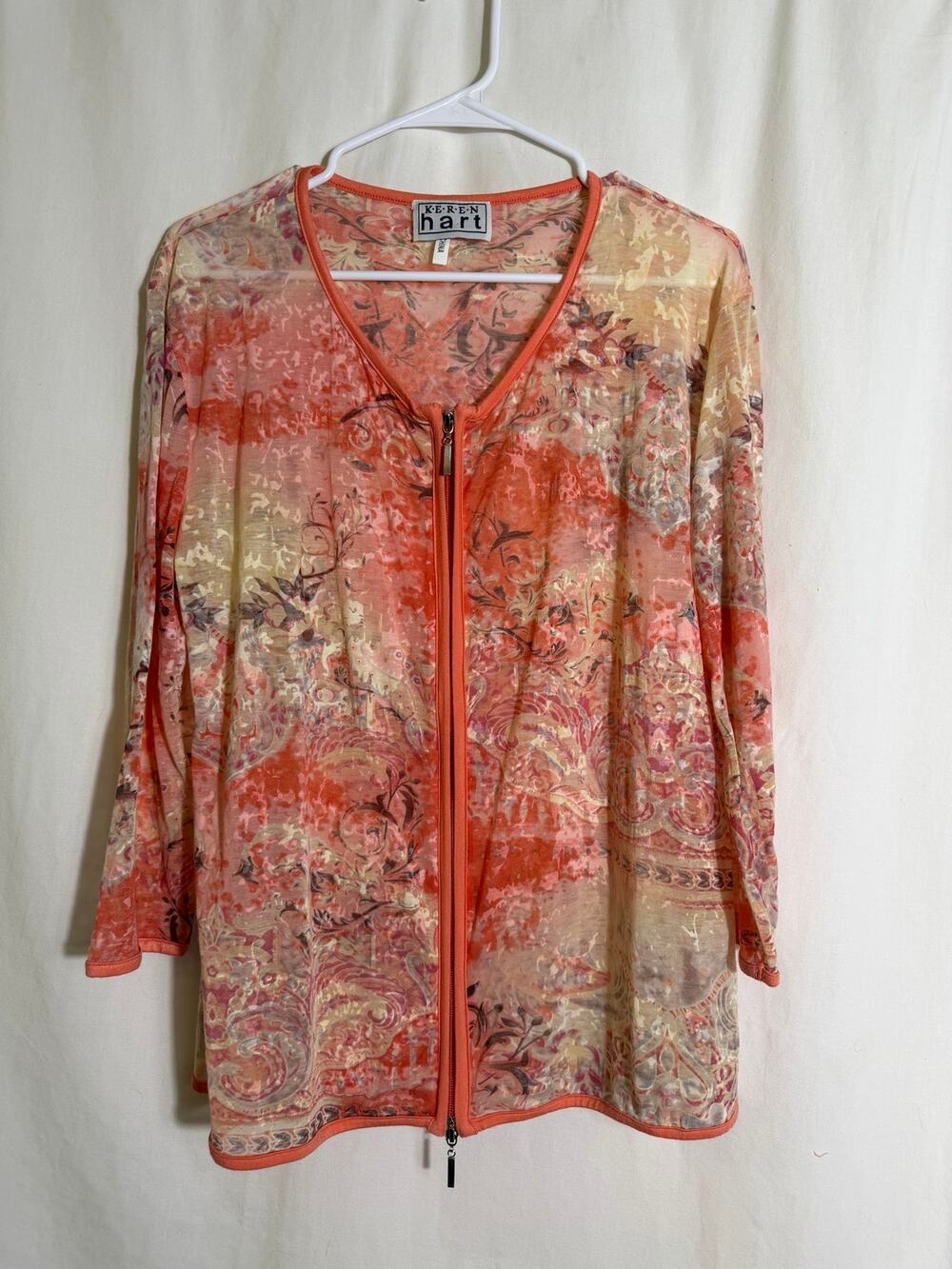 Keren Hart Floral Mesh Zip Front Cardigan Jacket Sheer Coral Beige Women’s M